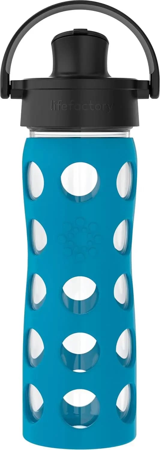 16 ounces glass water bottle with flip-top cap and silicone protective case, Teal Lake - Resistant and leak proof