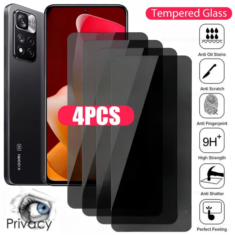 4PCS Privacy vetro temperato per Xiami Mi 11 Lite 11T 12T Pro proteggi schermo Anti-spia per Poco X6 X5 X3 M4 Pro 5G F4 M5S F3 M5