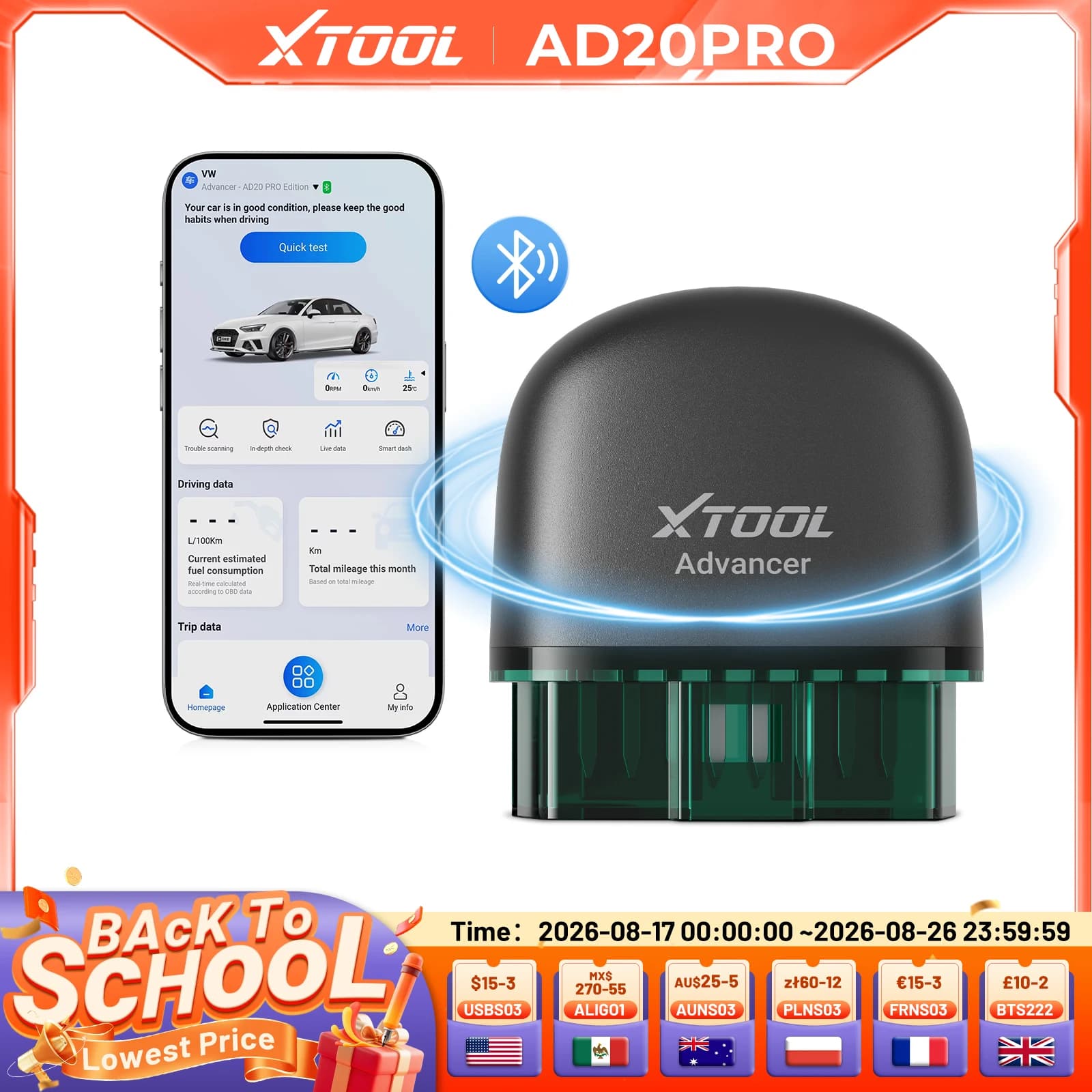 XTOOL AD20PRO OBD2 Scanner Controllo luce motore IOS e Android Strumento diagnostico per auto Test batteria Lettore di codici Aggiornamento gratuito a vita
