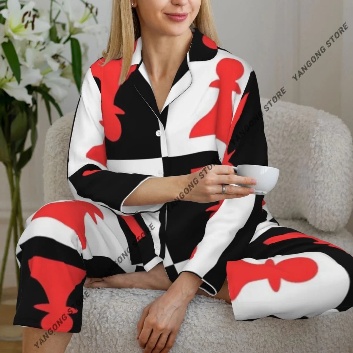 Pigiama da donna Chess Pawn Pigiama da notte in due pezzi Pigiama lungo a maniche lunghe abbottonato