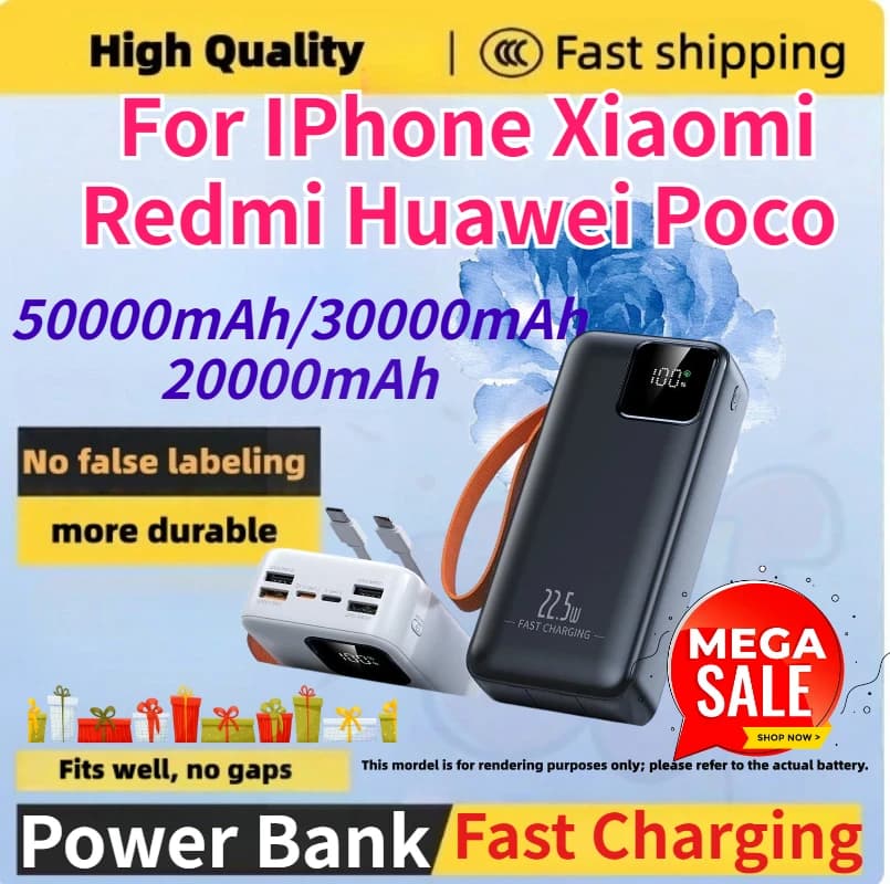 Power Bank 20000mAh/30000mAh/50000mAh, Caricabatterie Portatile a Ricarica Rapida per iPhone, Xiaomi, Redmi, Huawei, Poco