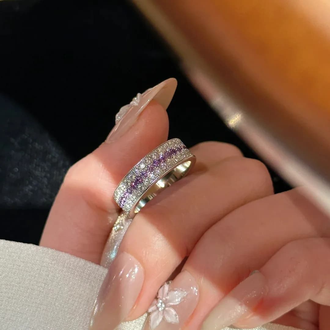 sterling silver ring fashion light luxury super beautiful purple rose purple row diamond ring high sense diamond set women's