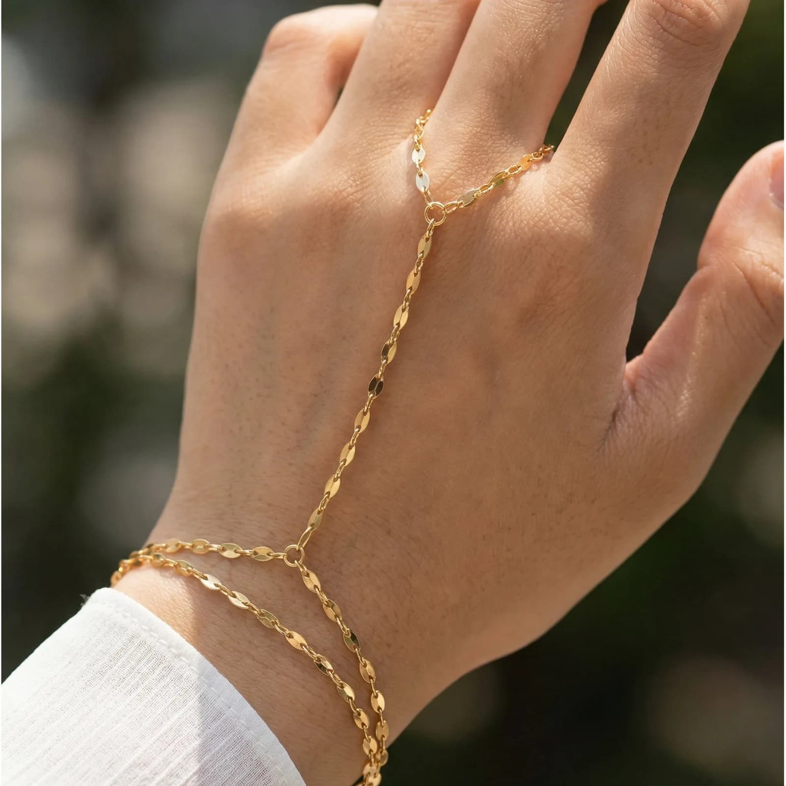 18K Gold Plated Stainless Steel Hand Chain Bracelet Finger Ring Double Layer Waterproof Jewelry for Women
