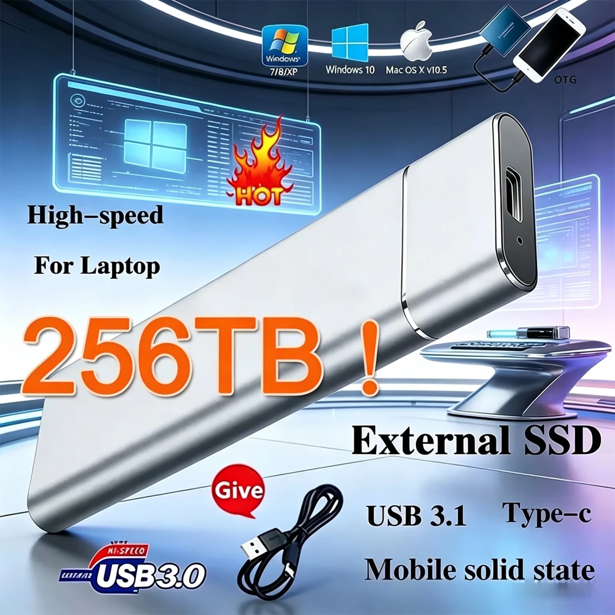 Lenovo SSD Mini Portable SSD 256TB 1TB 2TB High-speed Original SSD Mass Storage USB3.0 External Hard Drive for Computer Laptop