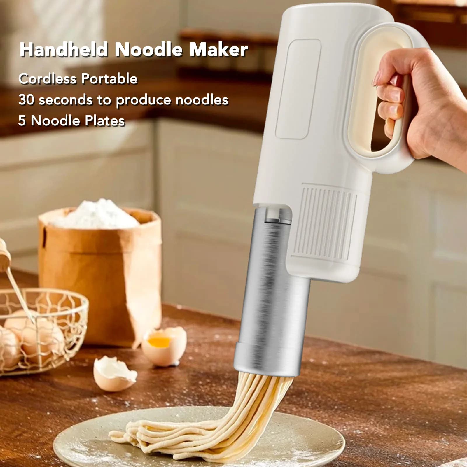 Electric Pasta Maker Cordless Automatic Portable Handheld Noodle Making Machine with 4 Noodle Plates for Household Kitchen