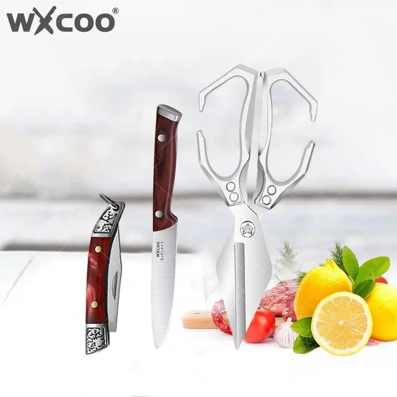 WXCOO Set di Coltelli da Cucina in Acciaio Inossidabile: Coltello per Frutta, Coltello per Carne, Forbici per Ossa di Pollo, Accessori Utili