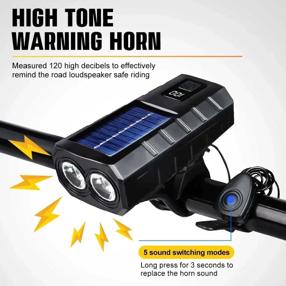 Luce solare per bicicletta di tipo C ricaricabile 2400mAh MTB Luce anteriore per bici da strada con torcia a clacson da 120 dB Luce per bicicletta