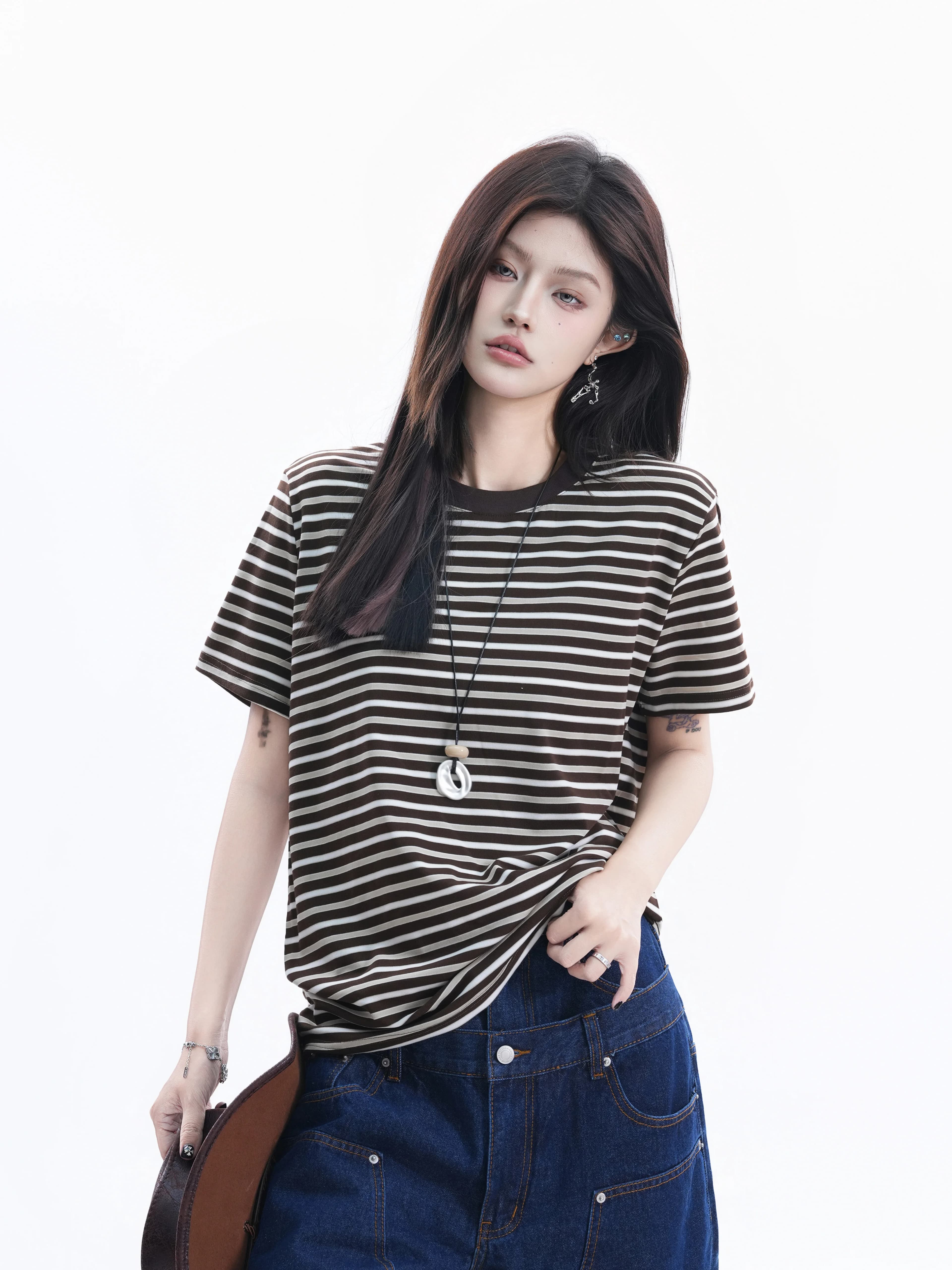 American Retro Striped T-Shirt Women Summer Slim Fit round Neck Sporty Short Sleeve Top Casual Loose Style Lenzing Fiber