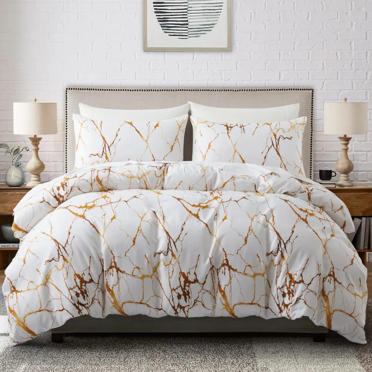 Copripiumino in marmo bianco oro Queen, copripiumino astratto moderno con federa per adolescenti, set di biancheria da letto per bambini con opere d'arte ad acquerello