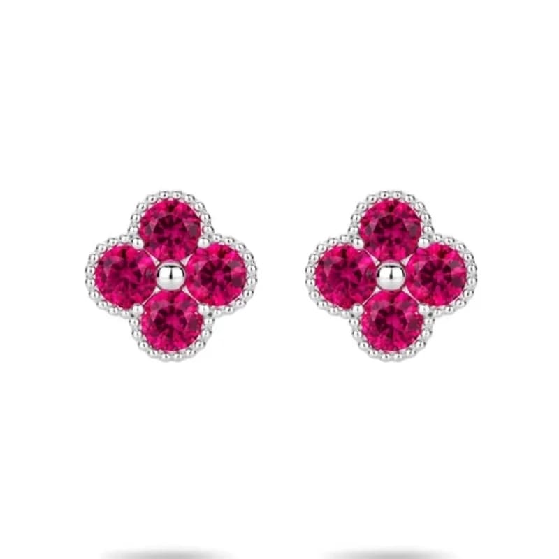 BELLUX 925 Silver Synthetic Zircon Earrings Rose Red Gemstone Flower Full Diamond Fine Jewelry Earrings