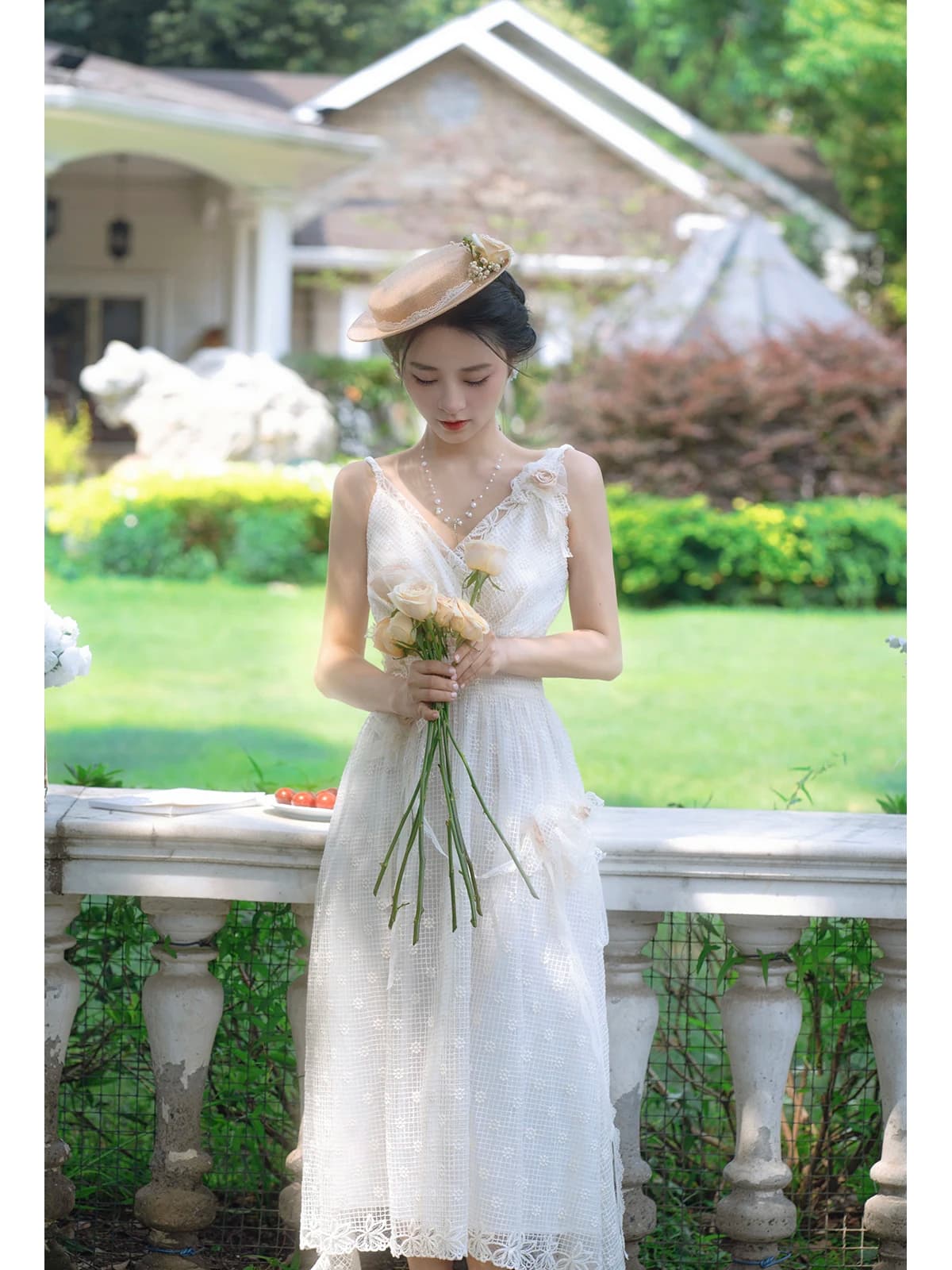 Rose Print Gown Irregular Hem V-Neck High Waist A-Line Skirt Long Sleeveless Cotton Chiffon Dress Salt Sweet Style