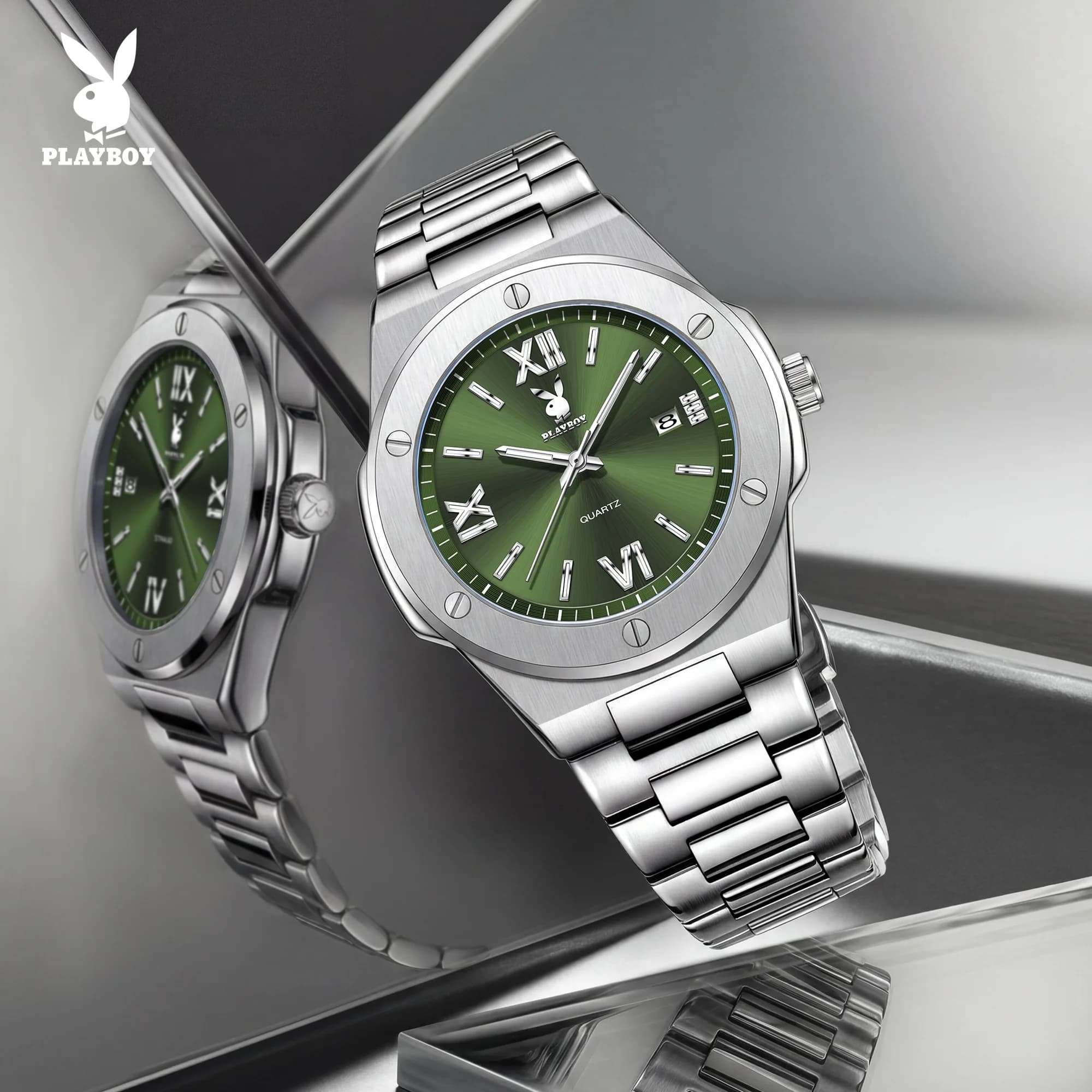 PLAYBOY Mens Watch Waterproof Luminous Quartz Watch Waterproof Luminous Stainless Steel Casual Wristwatch For Man Gifts 3912