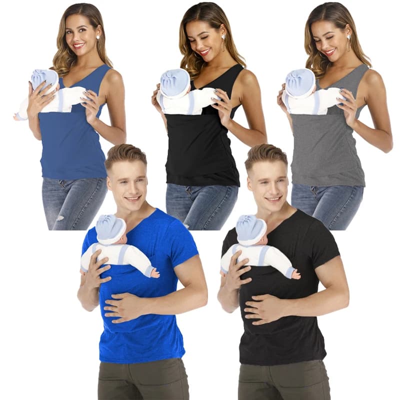 T-shirt con tasca a marsupio di sicurezza Marsupio Abiti estivi per la gravidanza Madre Padre Maniche corte Top Alimentazione T-shirt in cotone di nylon