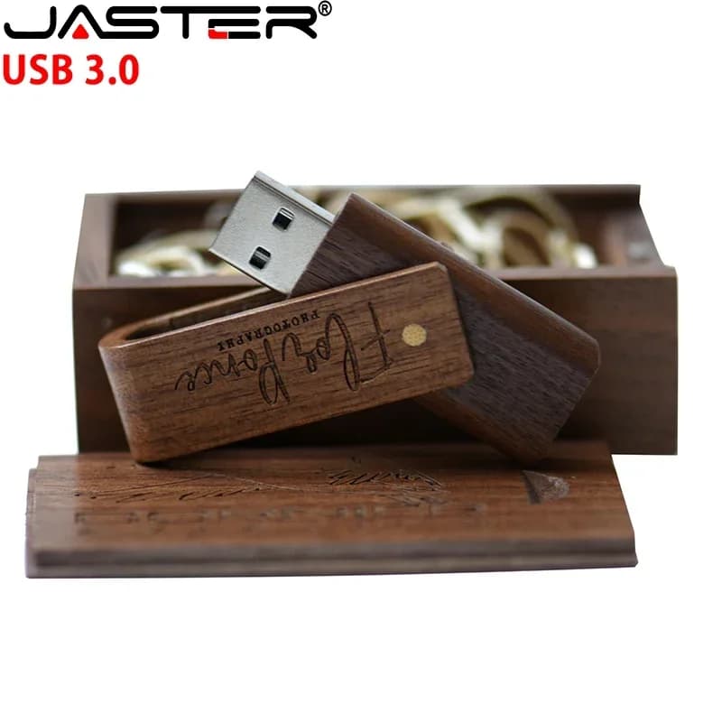 JASTER Logo personalizzato gratuito Chiavetta USB 3.0 Chiavetta rotativa da 128 GB con scatola di legno 64 GB Regalo creativo Memory Stick in legno da 32 GB