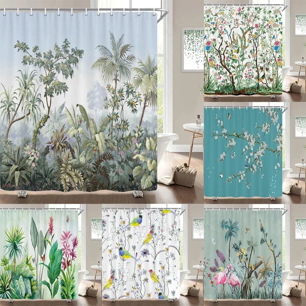 Fiori europei, uccelli, piante Tende da bagno Tenda da doccia impermeabile Stampa 3D Decorazione del bagno con schermo da bagno con gancio