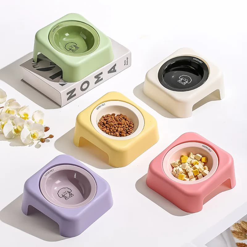 Simpatica ciotola per gatti in ceramica a forma di UFO - Piatto per animali rialzato inclinato per supporto per il collo, doppio cibo e piatto per l'acqua per cibo umido/secco