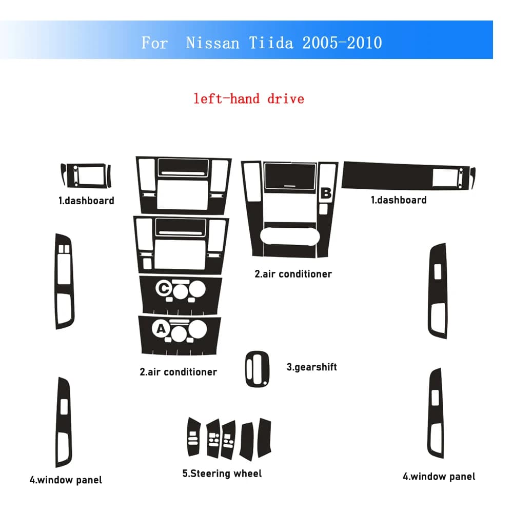 Pellicola in Fibra di Carbonio per Nissan Tiida 2005-2010, Adesivo per Interni Auto, Console Centrale, Cruscotto, Maniglie Porte, Pannello di Sollevamento
