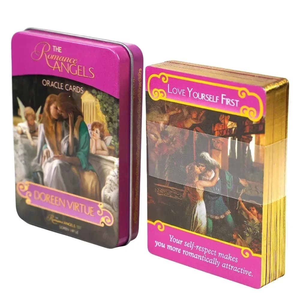 The Romance Angels Oracle Cards Fate Divination Tarocchi placcati in oro Forniture per stregoneria Gioco da tavolo con scatola di metallo Gioco da tavolo