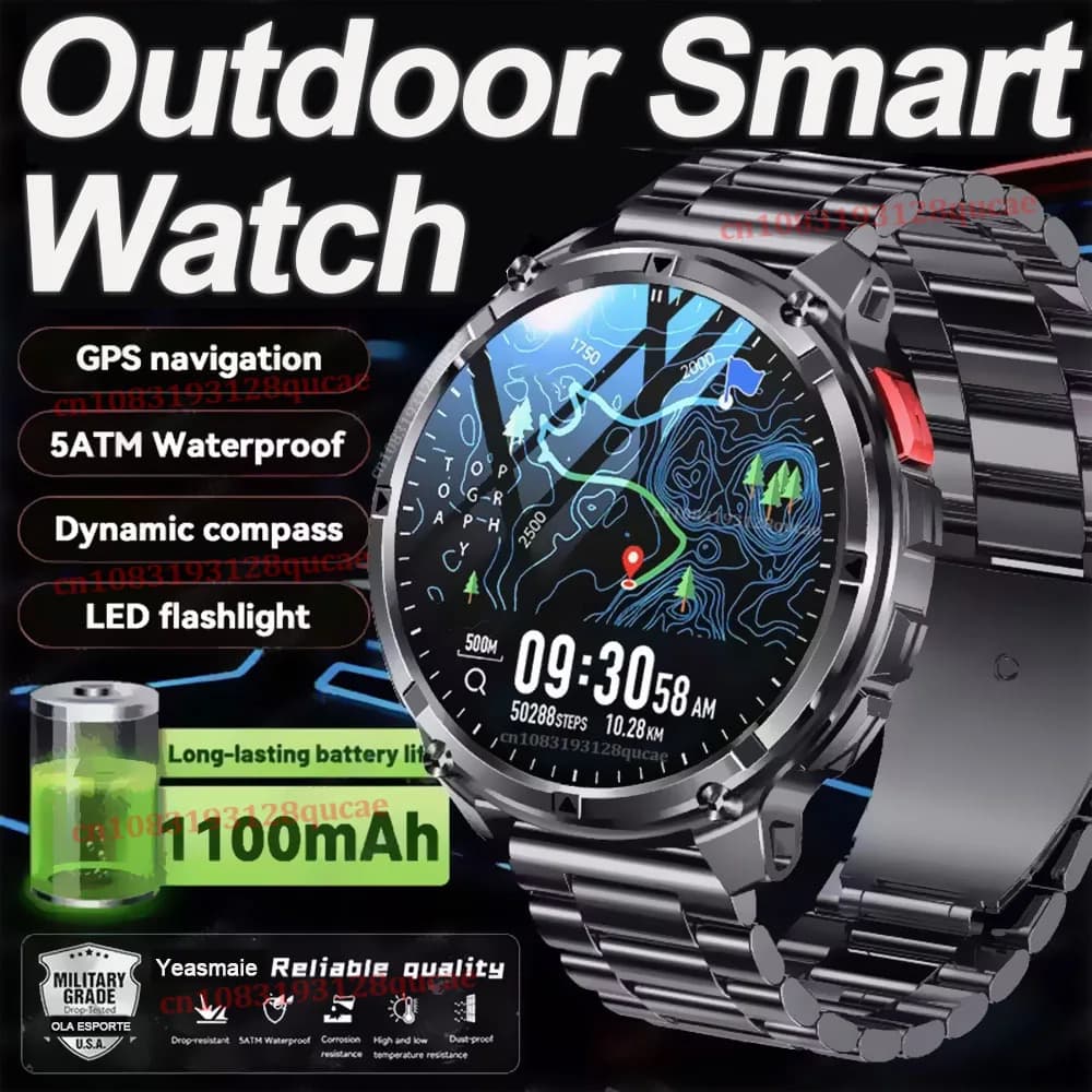 Smartwatch Military 2026 Ultra with 1100mAh Battery, 1.7'''' AMOLED Display, GPS, 5ATM Waterproof, Sports Compass, LED Flashlight