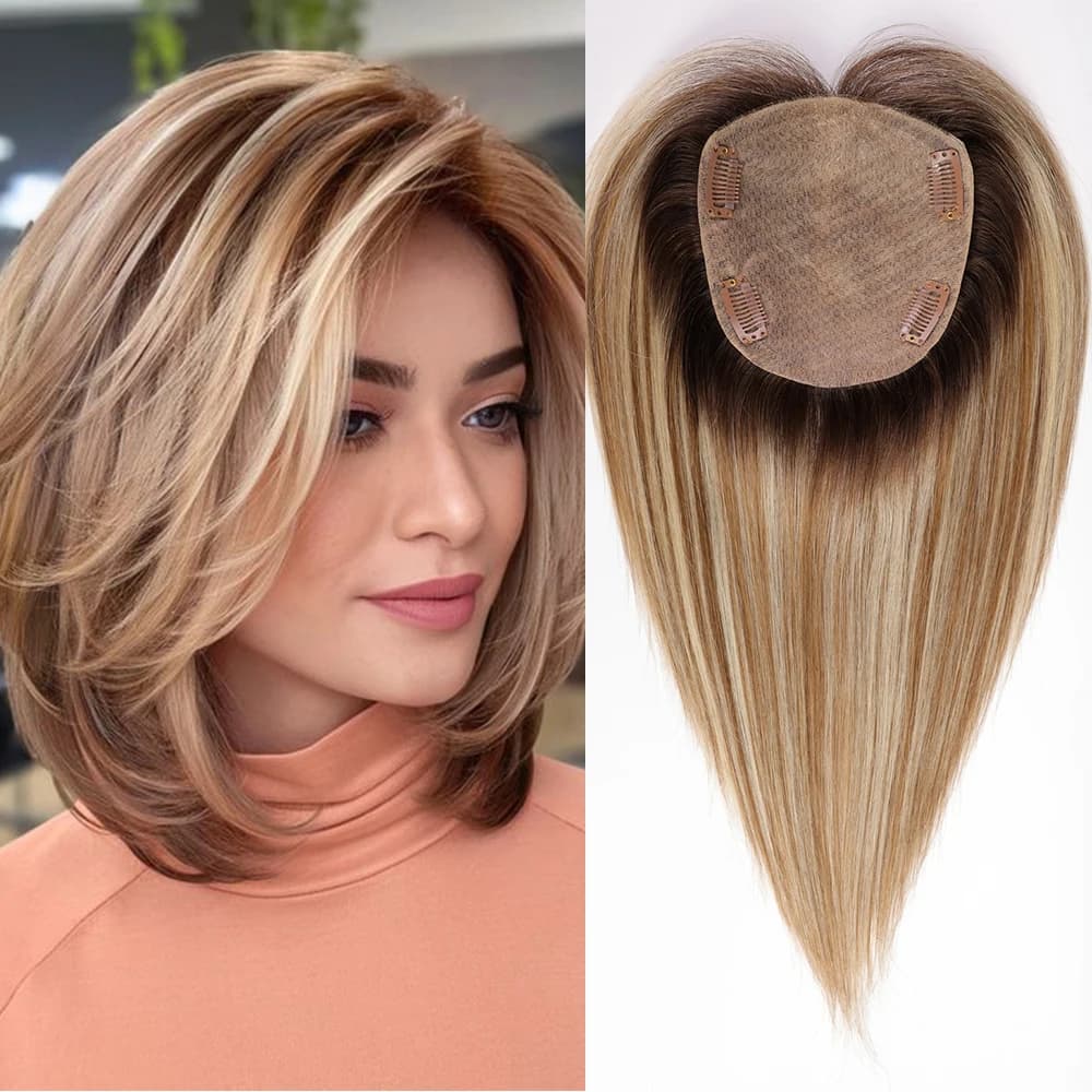 Clip Bae in seta per capelli umani Remy al 100% in posticci umani misti biondo marrone dorato per donne Toppers per estensioni da 12 pollici