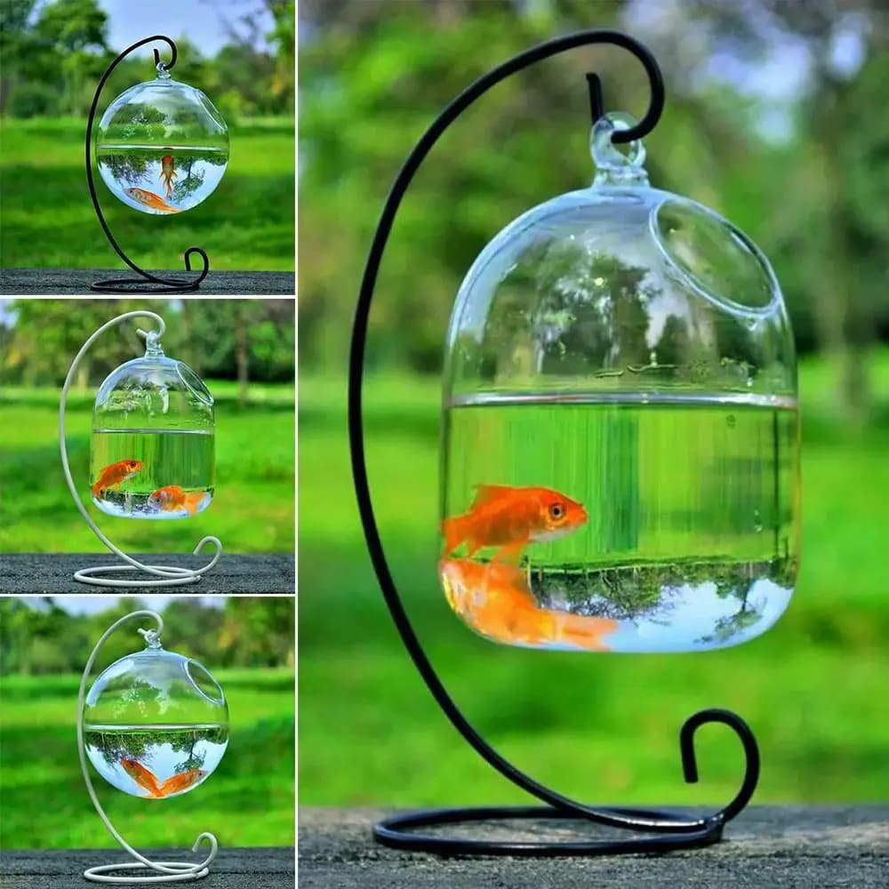 Aquarium Decoration Wall Hanging With Rack Holder Home Decoration Fish Tank Fish Bowl Vase Ornament Hanging Glass Fish Bowl