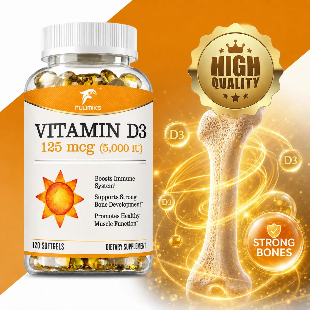 Vitamin D3 Supplement, Immune System Support, Bone & Heart Health, Promotes Strong Bones, Calcium Absorption, for Men Women