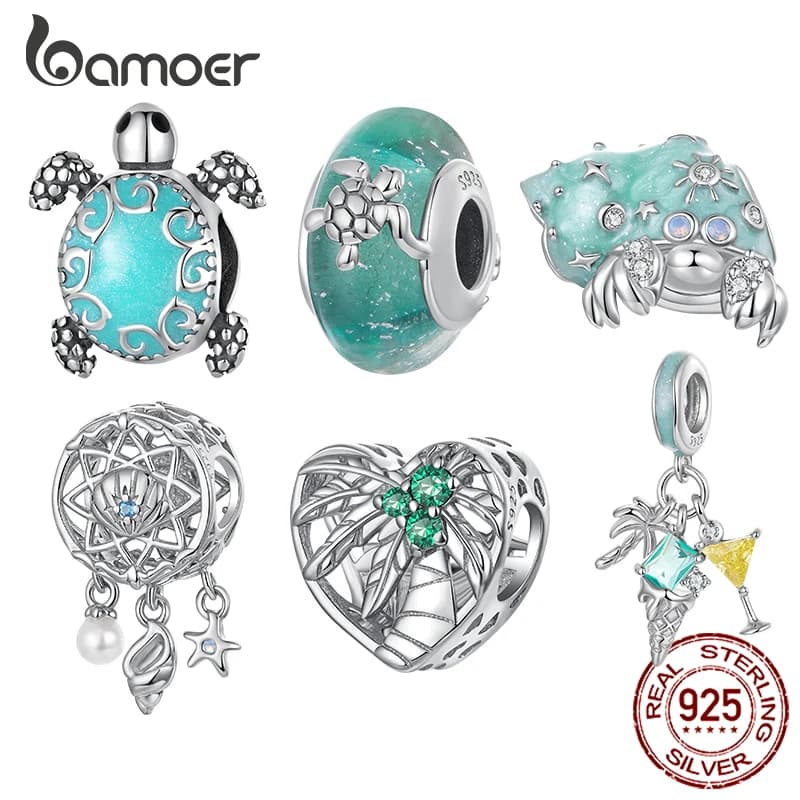 Bamoer 925 Sterling Silver Turtle Dreamcatcher Charm Crab Beads Beach Series Bracelet Pendant Jewelry Present for Women Friends