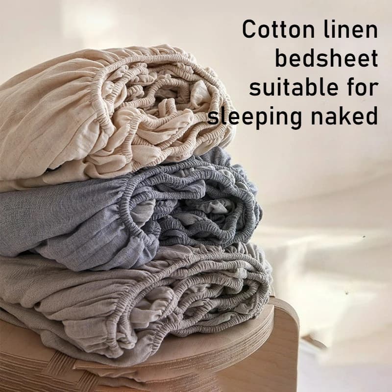 Set di Lenzuola con Angoli in Cotone e Lino, Lino Francese Naturale Stonewashed, Stile Rustico, Morbide con Elastico e Federe