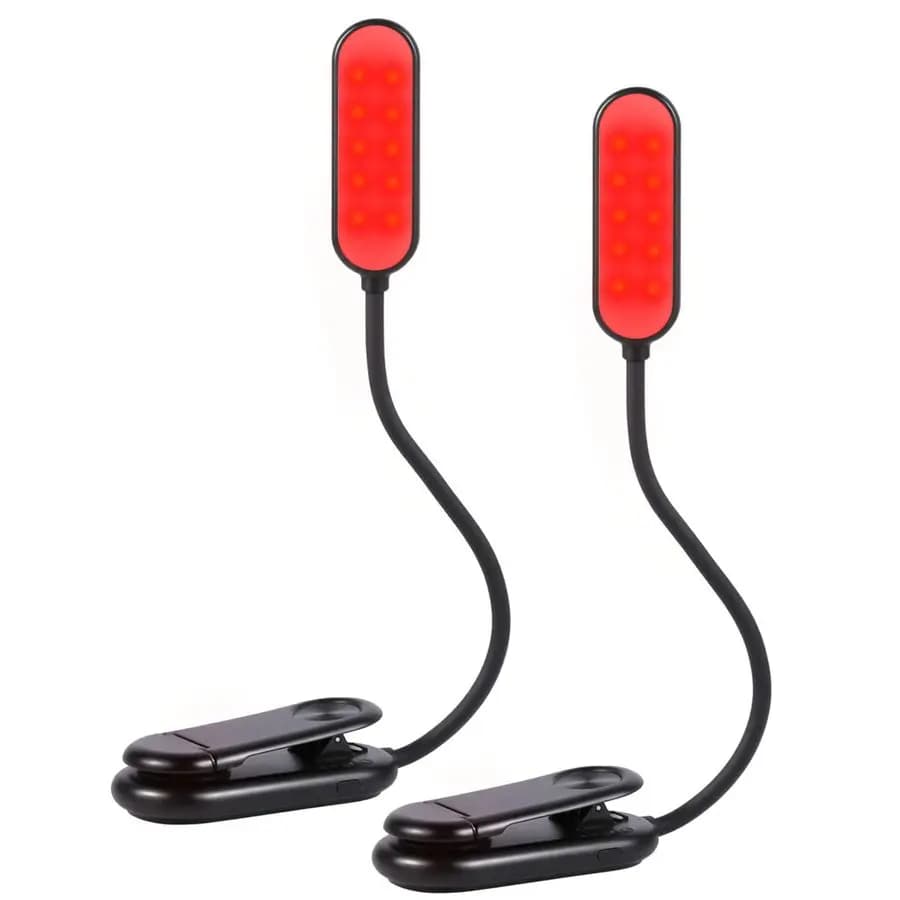 Lampada da lettura rossa a LED ricaricabile con clip, 2 pezzi, senza luce blu, dimmerabile, portatile, per leggere di notte
