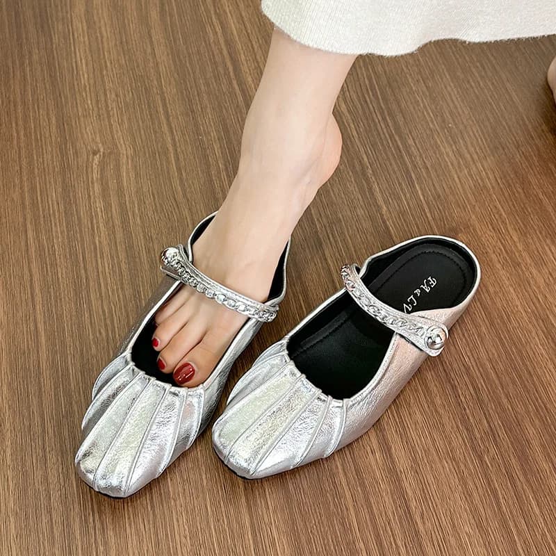 Sandali Donna con Fibbia Plissettata Argento, Punta Quadrata, Slip-On, Stile Lussuoso e Leggero per Vacanze Estive