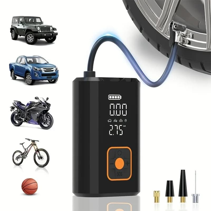 Pompa d'Aria Ricaricabile, Mini Compressore Portatile, Gonfiatore Digitale Senza Fili per Pneumatici Auto, Biciclette e Palloni
