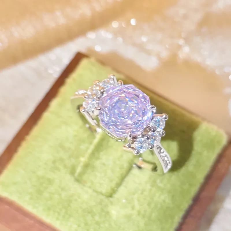 Anello in Argento Sterling 925 con Diamante ad Alto Contenuto di Carbonio Taglio Rosa, Gioiello Delicato a Forma di Caramella