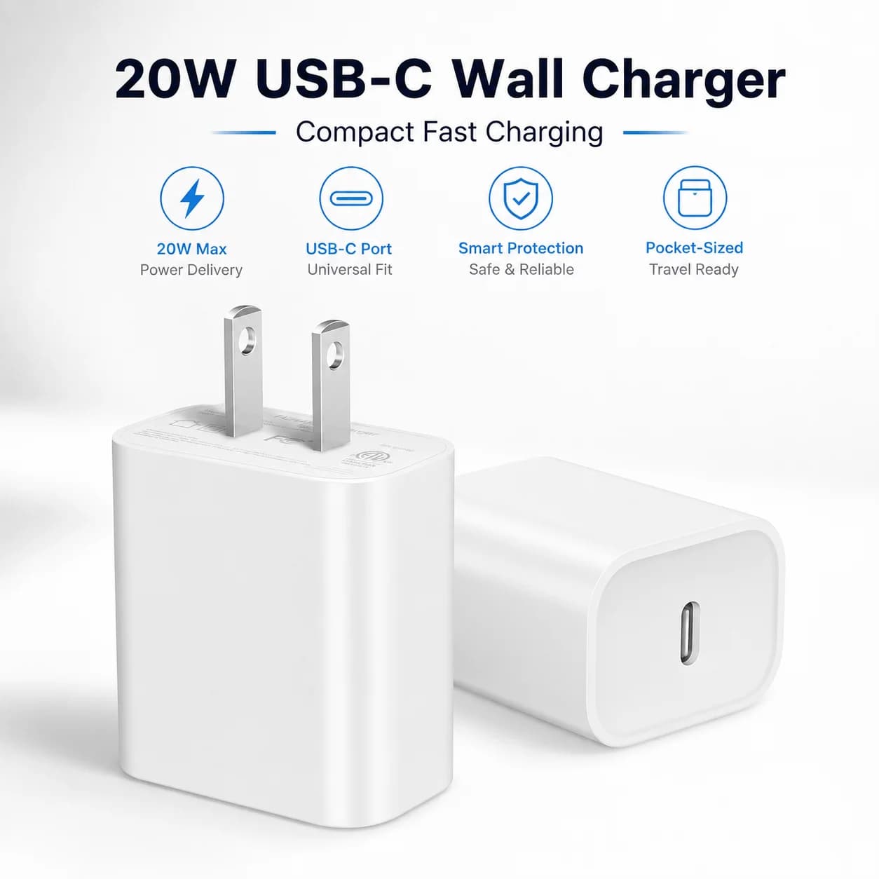 20W PD USB C Fast Charger EU US Plug 1-2PCS Wall Adapter for iPhone 16 15 14 13 12 Pro Max Plus Samsung Phone Charger