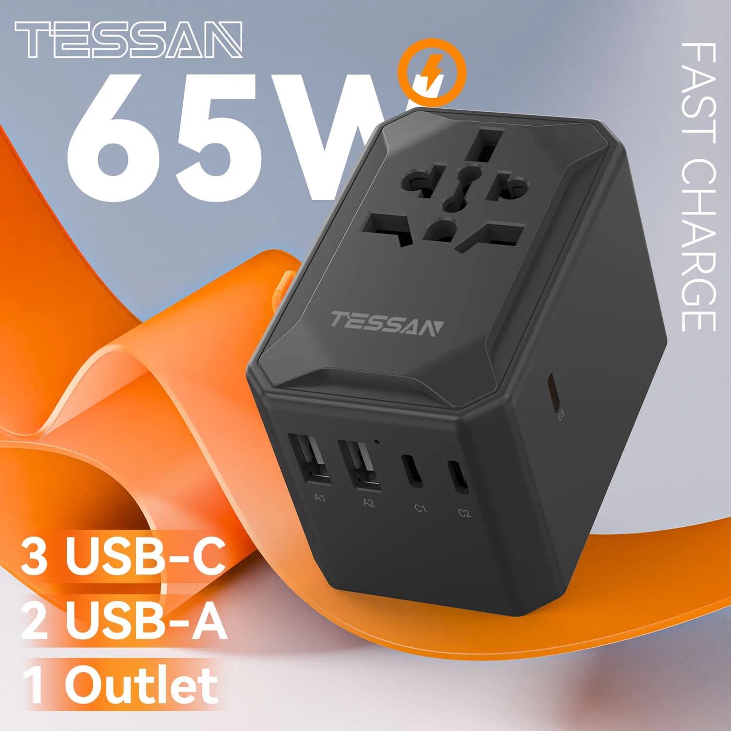 Adattatore da viaggio universale TESSAN GaN 65W Adattatore da viaggio internazionale con 2 USB e 3 caricabatterie rapidi di tipo C per viaggi in USA, UE, Regno Unito, AUS