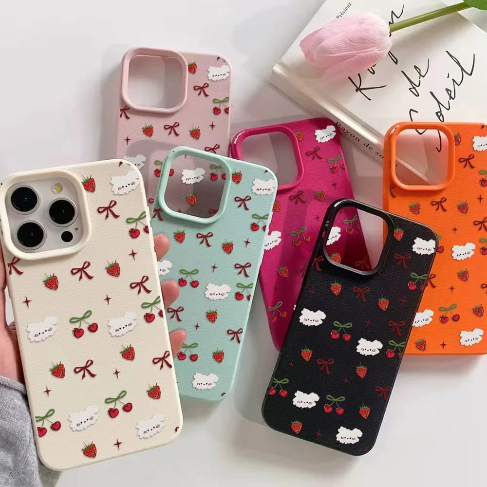 Cherry Soft Leather Phone Case for iPhone 17 Pro Max 16 13 11 15 14 12 17Promax 16promax 17pro