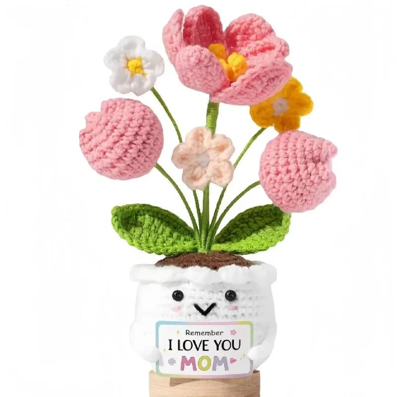 New Emotional Support Crochet Tulip Sunflower Potted Handwoven Flower Pot Artificial Plant Gift Bookshelf Decor