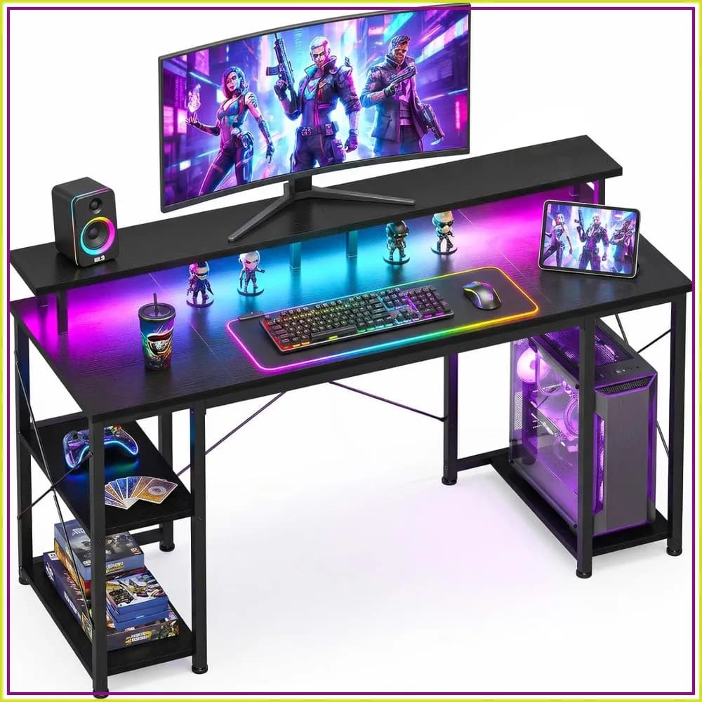 48 Inch Gaming Desk with LED Lights, Computer Desk with Monitor Stand & Storage Shelves, CPU Stand, Home Office Desk