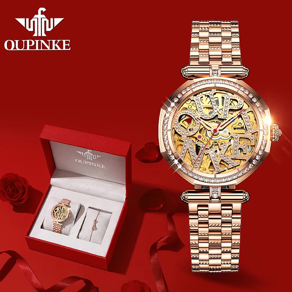 OUPINKE 3175 Orologio meccanico originale delle migliori marche per le donne Orologio da polso automatico con quadrante a diamante cavo Orologio a mano di lusso alla moda