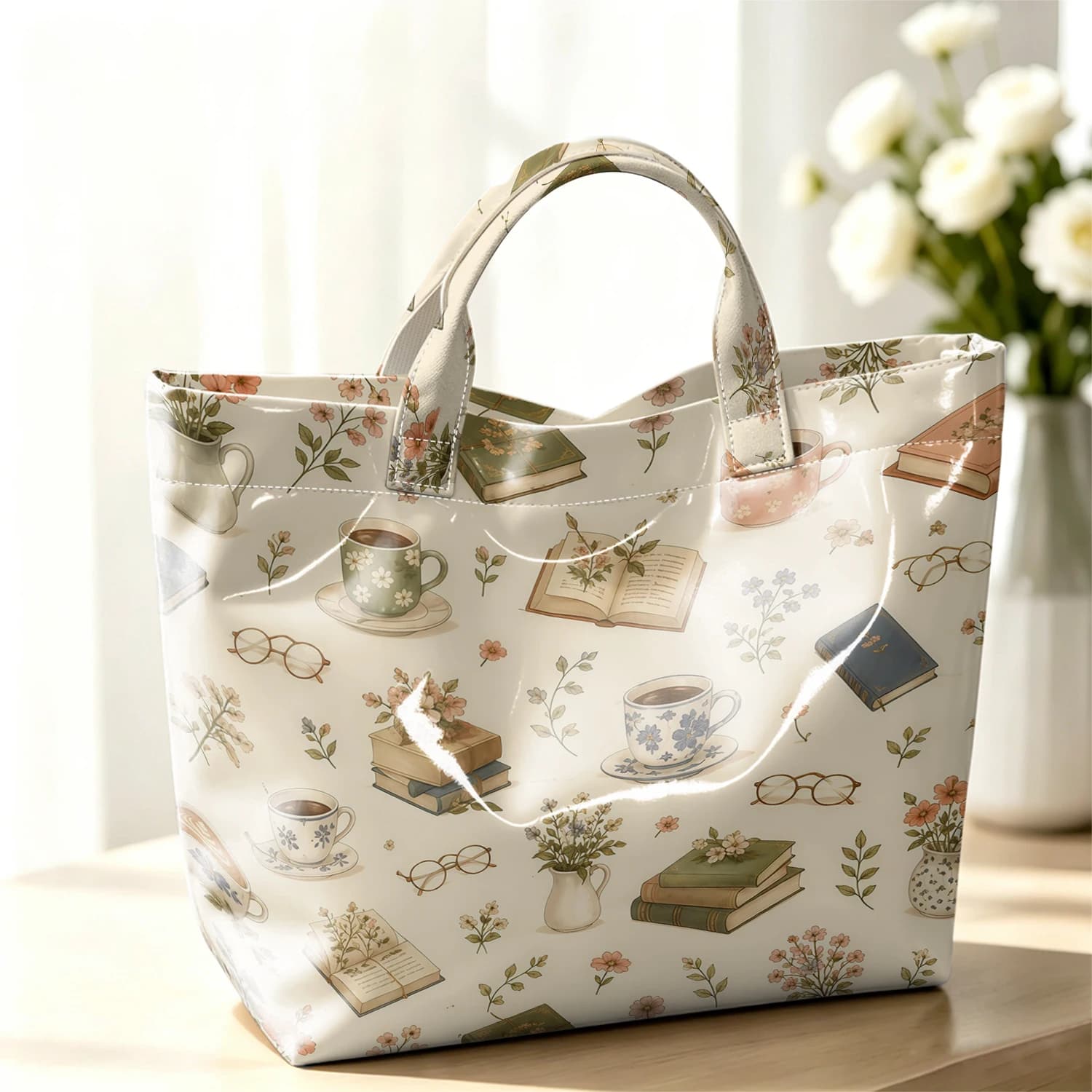 Book Coffee Floral Hot Sale Large Glossy PVC Tote Bag Hand Washable Waterproof Great for Travel Commute Makeup Storage Handbags