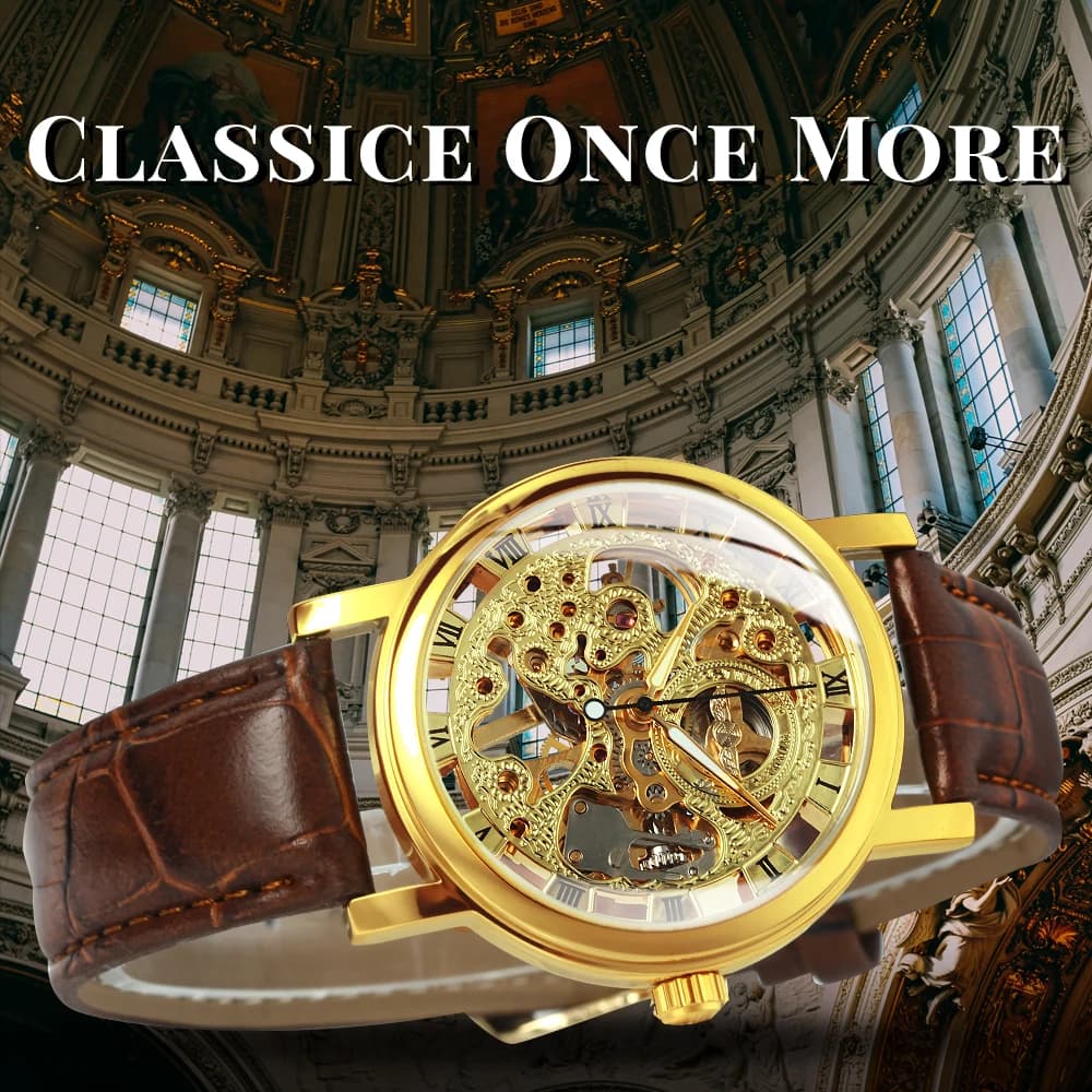 WINNER Classic Skeleton Mechanical Watch for Men Luminous Hands Leather Strap Business Mens Watches Top Brand Luxury Wristwatch
