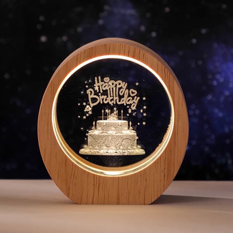 Lampada notturna personalizzata in cristallo 3D con logo e testo personalizzati, lampada a forma di pianeta con base in legno, decorazione da scrivania, regalo di compleanno per amici e famiglia