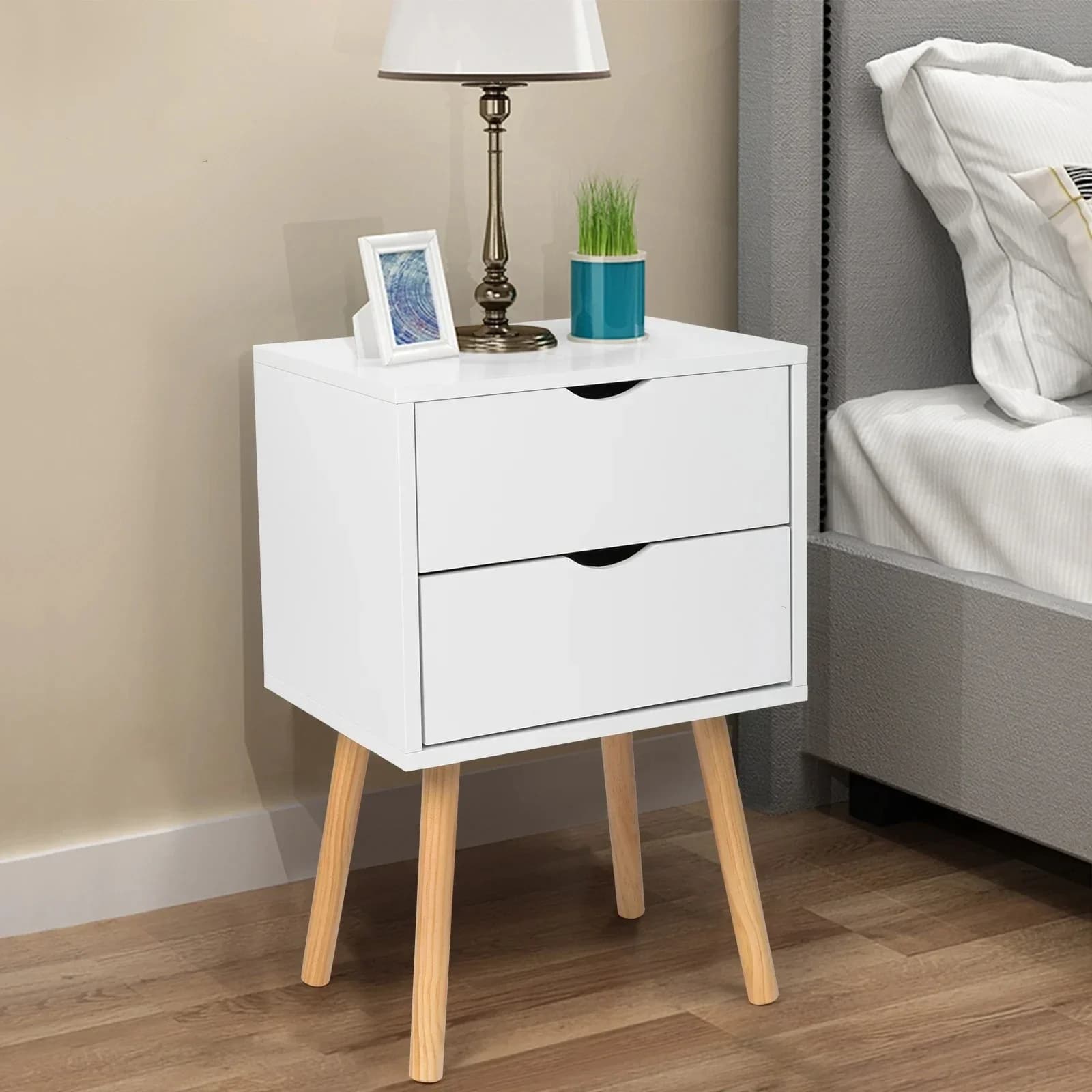 40*30*60 cm Armadietto bianco semplice e moderno, gambe color legno, vernice spray MDF, gambe alte, due cassetti, comodino