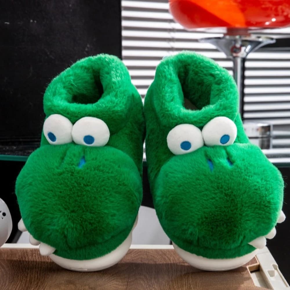 Eleganti pantofole in peluche con dinosauro coccodrillo Pantofole piatte con piattaforma verde cartone animato Scarpe da pavimento carine Addensare pantofole calde invernali