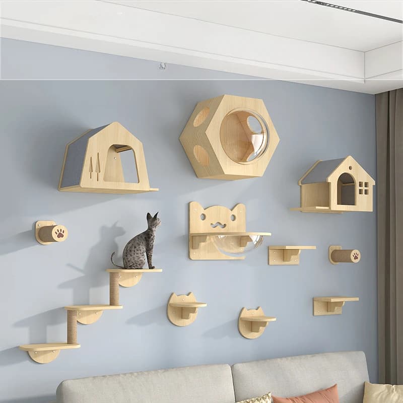 Torri per gatti in legno Accessori per la casa Graffio carino per gatti Torre da arrampicata per alberi con amaca Portaoggetti Giocattolo Ausili per l'addestramento Prodotto per animali domestici