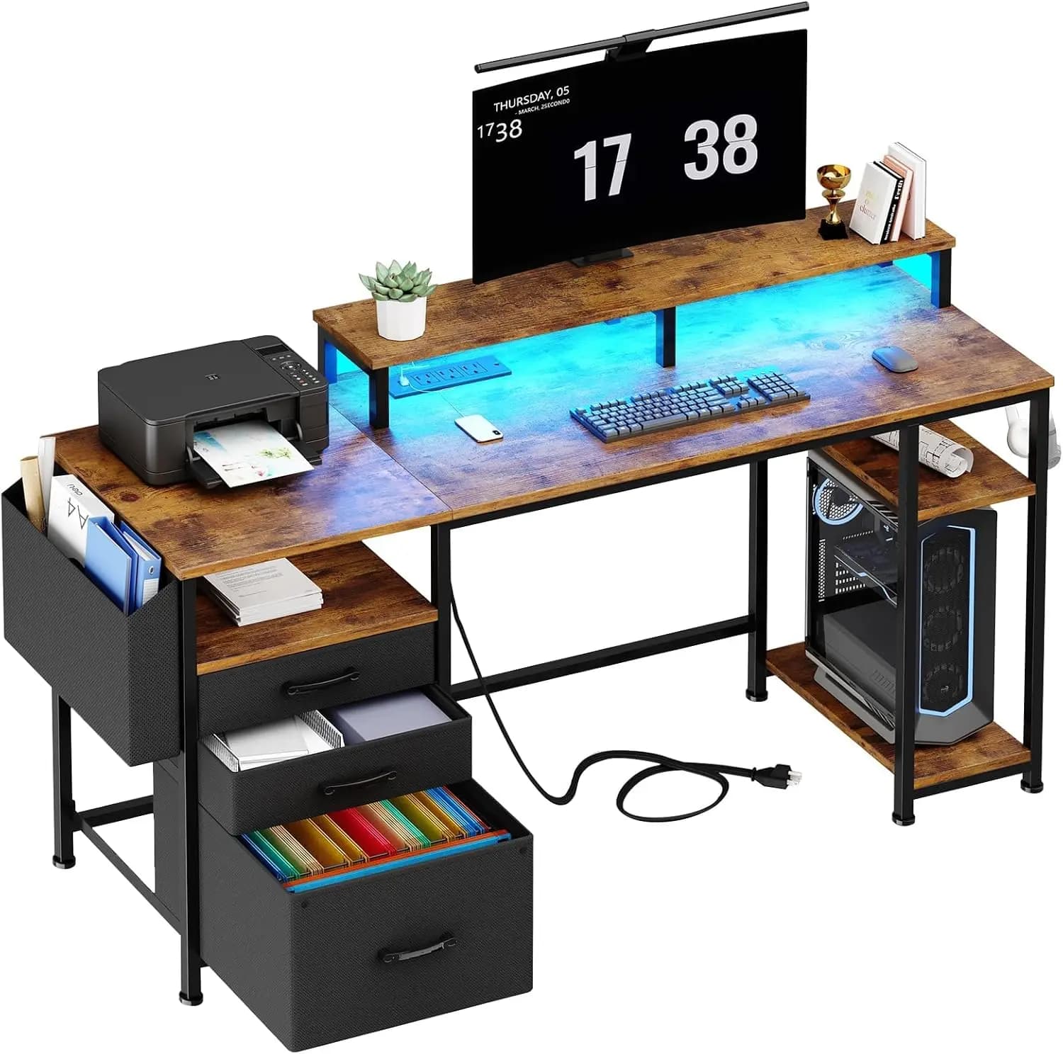 Scrivania da Gaming 55 Pollici con Luci LED e Prese di Corrente, Ricarica USB, Cassetti Portadocumenti, Supporto Monitor, Marrone Rustico
