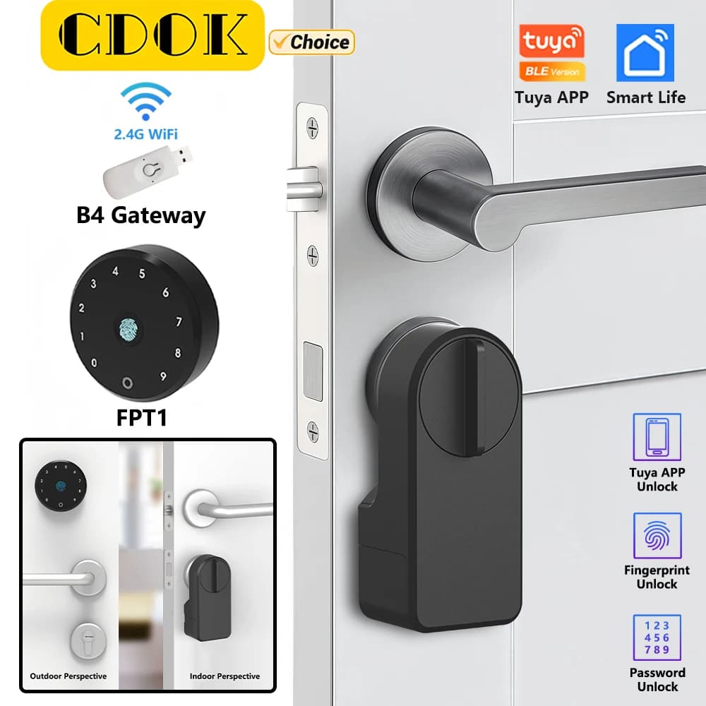 Smart lock CDOK A1 Ultar, versione Tuya BT, opzionale: impronta digitale/password/sblocco remoto WiFi, installazione senza punzonatura,