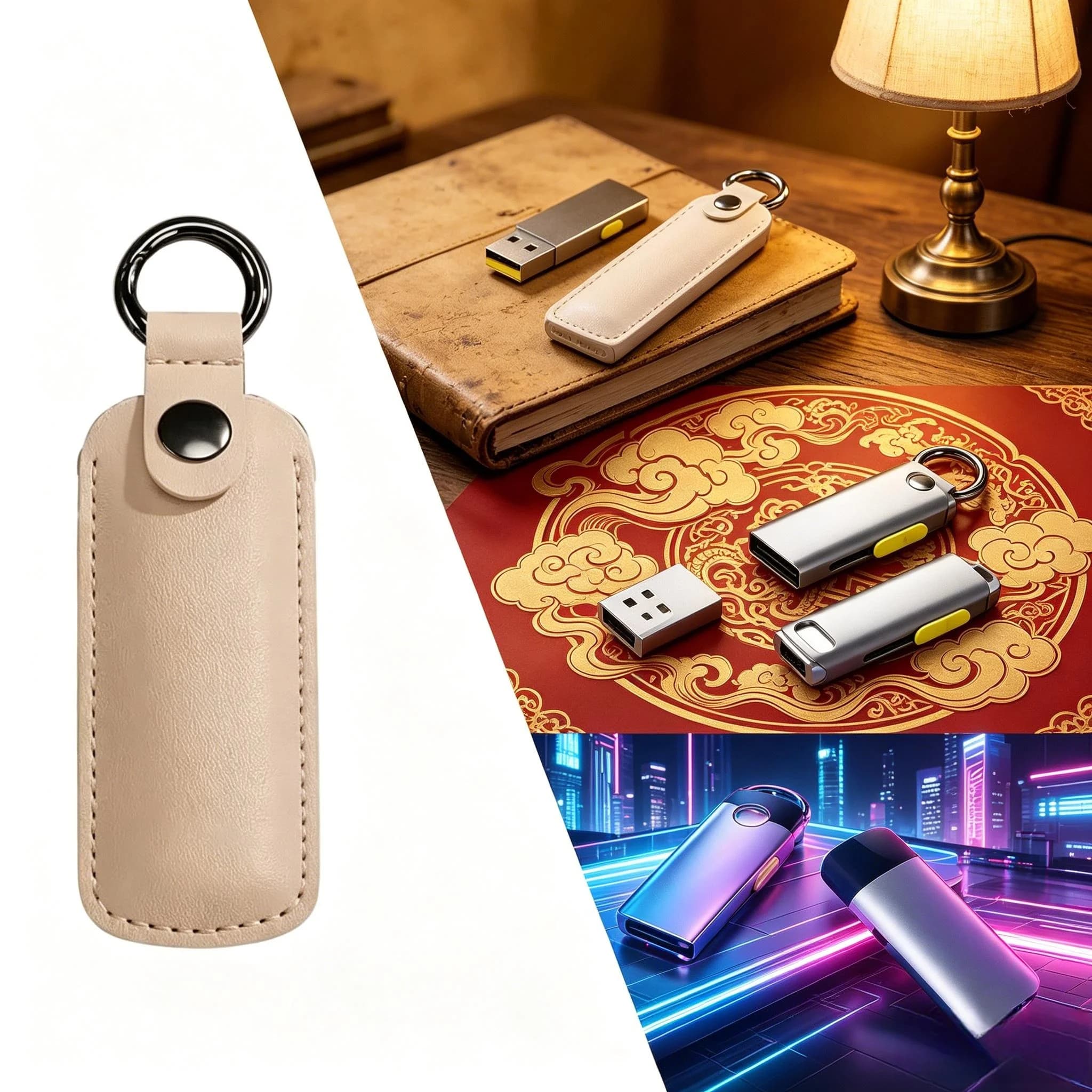PU Leather USB Flash Drive Holder Case Anti-lost Keyring U Disk Protective Pouch Portable Pendrive Storage Bag For Memory Stick