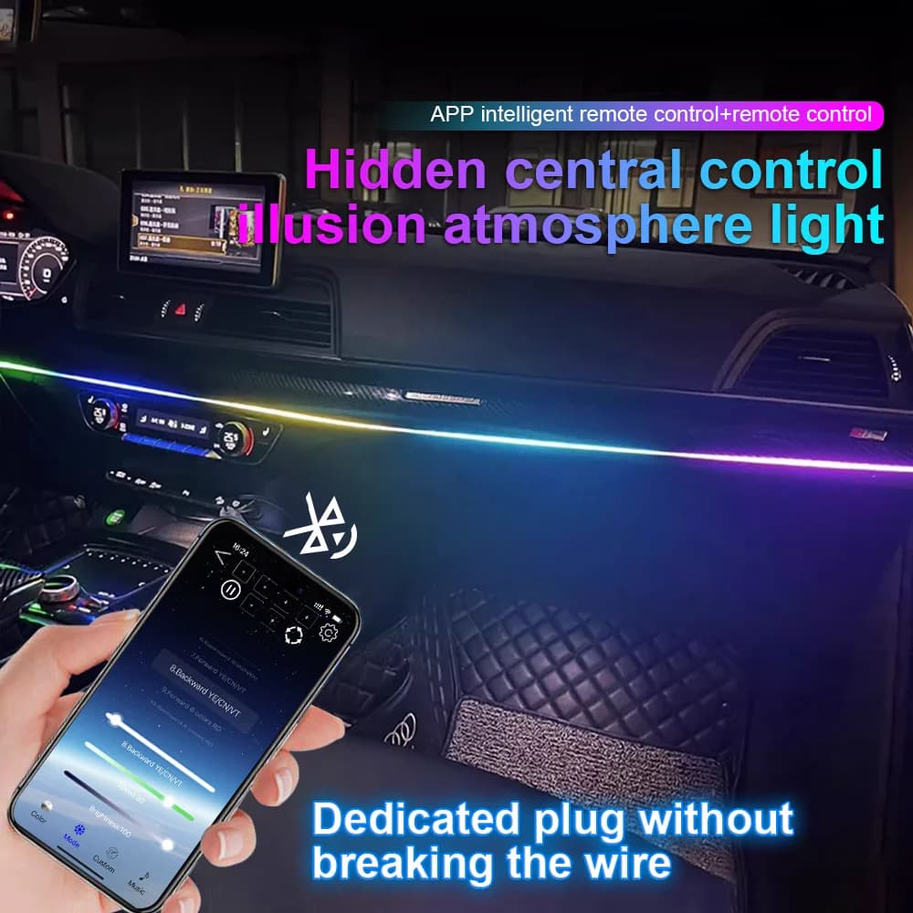 64 colori USB Auto LED Luce ambientale Strisce acriliche Luci del cruscotto RGB Interni auto App nascosta Lampada atmosfera telecomandata