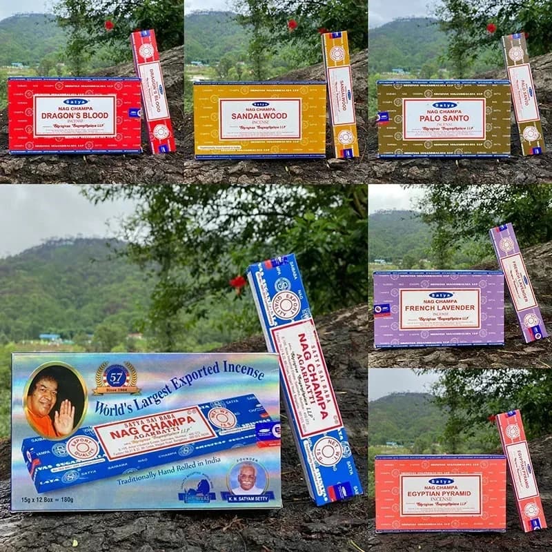 5 SCATOLE Bastoncini di incenso NAG Champa Collezione di incenso indiano Satya Bastoncini fatti a mano Sei gusti Aromi rinfrescanti per la meditazione