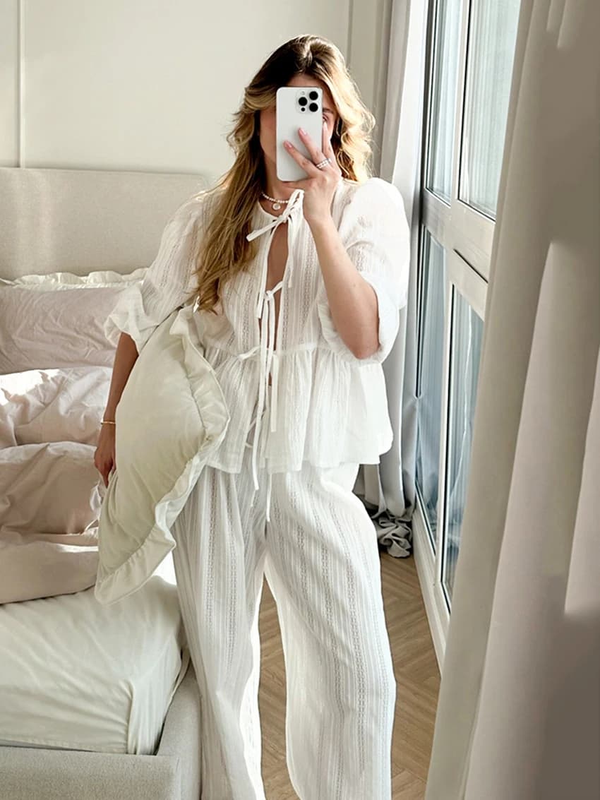 Marthaqiqi Pigiama invernale da donna Completo con lacci Indumenti da notte Camicie da notte a maniche lunghe O-Collo Pantaloni da notte Casual Abbigliamento da donna per la casa